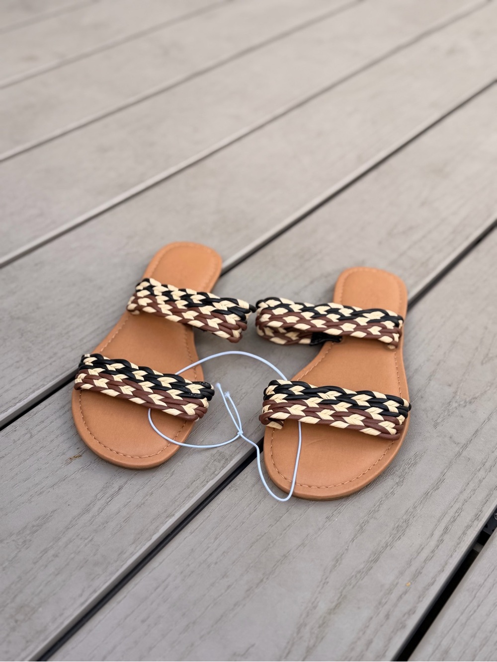 Universal Thread Tan Slide Sandals with Black, Cream and Brown Braided Straps